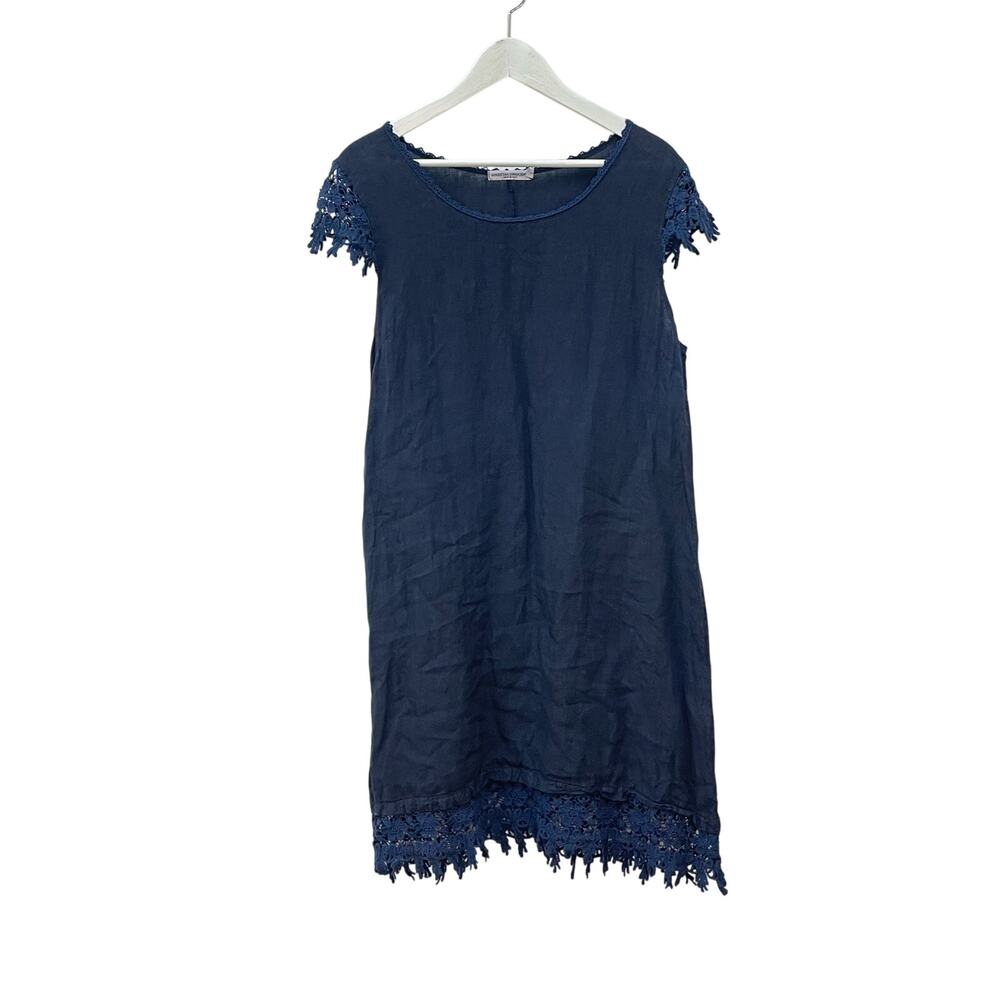 Martina Innocenti Sz L 100% Linen Navy Blue Floral Crochet Lace Trim Shift Dress